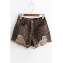 Cut Out Detail Leopard Printed Zipper Fly Hot Pants Denim Shorts