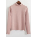 Peach Embroidered High Neck Long Sleeve Tee