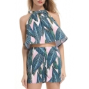 Leaf Printed Halter Sleeveless Crop Tank with Loose Shorts Co-ords