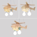 2 Lights Helicopter Lighting Fixture Kindergarten Wooden Decorative Chandelier Lamp in Green/Gray/White