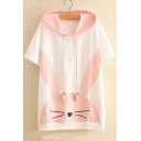 Color Block Rabbit Embroidered Short Sleeve Hooded Tee