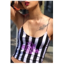 Striped Printed Spaghetti Straps Sleeveless Letter Embroidered Crop Cami