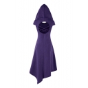 Plain Hollow Out Back Short Sleeve Midi Asymmetric Hooded Dress
