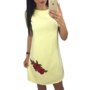 Floral Embroidered Round Neck Short Sleeve Mini A-Line Dress