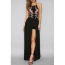 Floral Embroidered Hollow Out Crisscross Back Sleeveless Split Front Maxi Cami Dress
