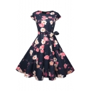 Floral Printed Round Neck Short Sleeve Bow Tied Waist Midi A-Line Dress