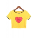 ME Letter Heart Printed Contrast Trim Round Neck Short Sleeve Crop Tee