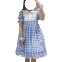 Lolita Style Peter Pan Collar Lace Insert Plaid Printed Buttons Embellished Midi Smock Dress