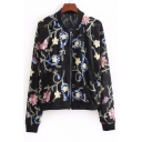 Floral Embroidered Lace Stand Up Collar Long Sleeve Zip Up Baseball Jacket