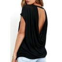 Loose Hollow Out Back Round Neck Short Sleeve Plain Tee
