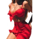 Plain Spaghetti Straps Bow Tied Front Bralet Top with High Waist Ruffle Detail Mini A-Line Skirt Co-ords