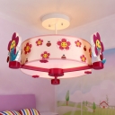 Drum Semi Flush Mount Light with Cartoon Flower Girls Bedroom Fabric 3 Lights Ceiling Fixture in Shock Pink