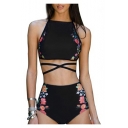 Crisscross Floral Printed Sleeveless with High Waist Bottom Bikini