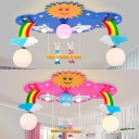 Rainbow Ceiling Lamp with Rabbit Decoration Baby Nursing Room Glass Shade 5 Lights Flush Light in Blue/Pink