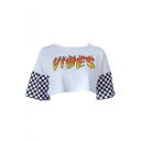 VIBES Letter Contrast Plaid Printed Short Sleeve Round Neck Crop Tee