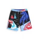 Hot Black Color Block Palm Print Swim Trunks with Drawcord without Liner