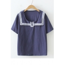 Contrast Striped Navy Collar Buttons Embellished Short Sleeve Leisure Blouse