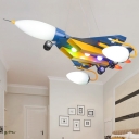 Metallic Chandelier Lamp with Aircraft Shape Blue 3 Bulbs Decorative Hanging Light for Boys Bedroom