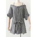 Off The Shoulder Buttons Down 3/4 Length Sleeve Plaid Bow Tied Waist Mini A-Line Dress