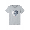 LOVE Letter Heart Shape Cat Printed Round Neck Short Sleeve Tee