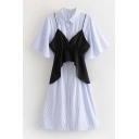 Two Pieces Lapel Collar Short Sleeve Striped Buttons Down Midi A-Line Dress with Cami