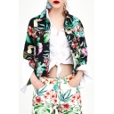 Chic Floral Printed Lapel Collar Buttons Down Long Sleeve Jacket