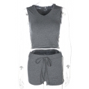 V Neck Sleeveless Contrast Striped Side Hooded Tank with Drawstring Waist Shorts Co-ords