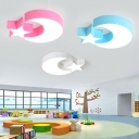 Creative Stars Moon Ceiling Lamp Modern Nursing Room Acrylic LED Ceiling Flush Mount in Blue/Pink/White