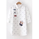Polka Dot Printed Lapel Collar Cat Fish Embroidered Buttons Down Half Sleeve Shirt
