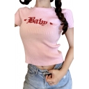 BABY Letter Heart Embroidered Round Neck Short Sleeve Ribbed Crop Tee