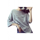 YEAH Letter Heart Printed Round Neck Short Sleeve Tee