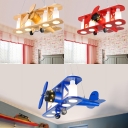 Biplane Shape Suspended Lamp Kindergarten Glass Shade 4 Lights Chandelier Lamp in Blue/Wood/Red