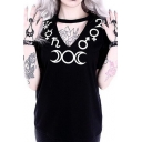 Moon Printed Hollow Out Front Round Neck Short Sleeve Tee