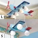 Sky Blue Plane Shape Suspended Lamp Wooden 3/4 Lights Chandelier Light for Amusement Park