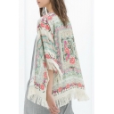 Vintage Batwing Sleeve Floral Printed Tunic Kimono with Tassel