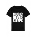 MUSIC Letter Printed Round Neck Short Sleeve Tee