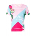 TROPICAL SUMMER Letter Flamingo Printed Round Neck Short Sleeve Tee