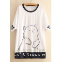 Color Block Lace Insert Letter Cat Printed Round Neck Short Sleeve Tunic Tee