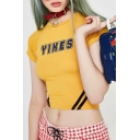 YIKES Letter Contrast Striped Printed Round Neck Short Sleeve Crop Tee