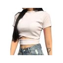 Plain Round Neck Short Sleeve Hollow Out Front Crop Tee