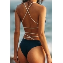 Sexy Braid Crisscross Open Back Sleeveless Plain One Piece Swimwear