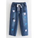 LOVE Letter Heart Embroidered Drawstring Waist Straight Crop Jeans