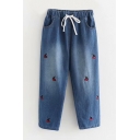 Cherry Embroidered Drawstring Waist Crop Jeans
