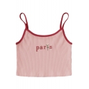 PARIS Letter Floral Embroidered Contrast Trim Spaghetti Straps Sleeveless Crop Cami