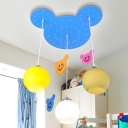Glass Globe Shade Hanging Lamp Children Room 3 Heads Lighting Fixture with Blue Cartoon Mouse Canopy