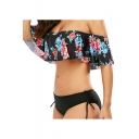 Floral Printed Off The Shoulder Short Sleeve Crop Top with Plain Bottom Bikini