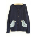 Cute Animal Pattern Applique Round Neck Buttons Down Long Sleeve Cardigan