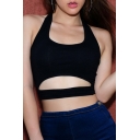 Sexy Halter Sleeveless Plain Hollow Out Front Crop Tank