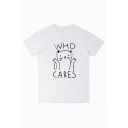WHO CARES Letter Cat Printed Round Neck Short Sleeve Tee
