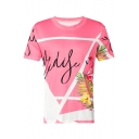Color Block Flamingo Letter Printed Round Neck Short Sleeve Tee
